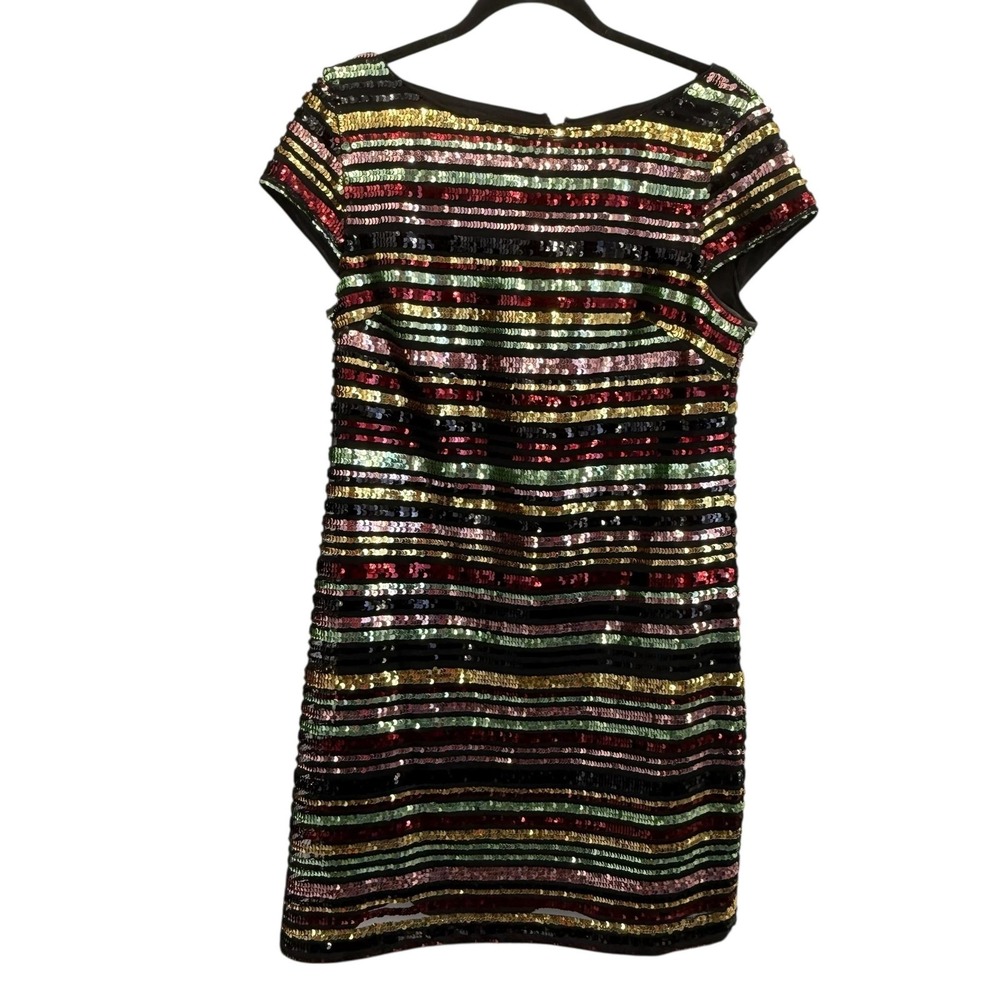 Vince Camuto Dress Womens 12 Black Multi Sequin‎ Stripe Short Sleeve Party